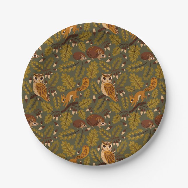 Woodland Creatures and Leaves Pattern Paper Plate (Front)