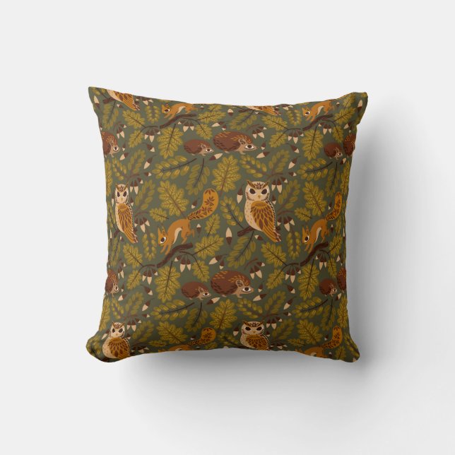 Woodland Creatures and Leaves Pattern Throw Pillow (Front)