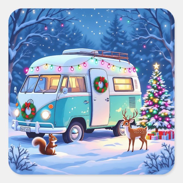 Woodland Creatures and Retro RV Camper Square Sticker (Front)