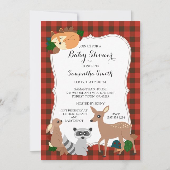 Woodland Creatures Baby Shower Buffalo Plaid Invitation (Front)