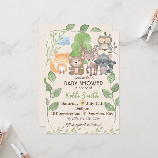 Woodland Creatures Baby Shower Invitations (Front/Back In Situ)