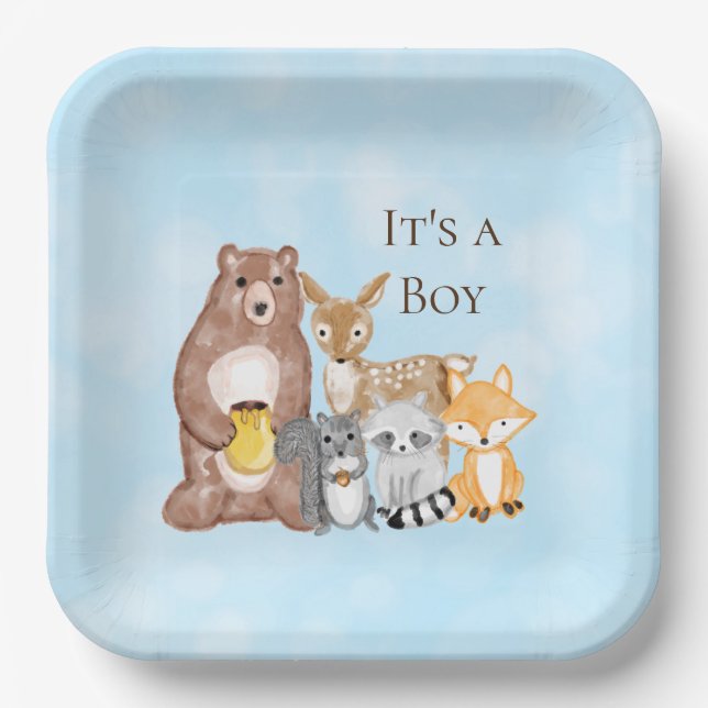 Woodland Creatures Baby Shower It's a Boy Paper Plate (Front)