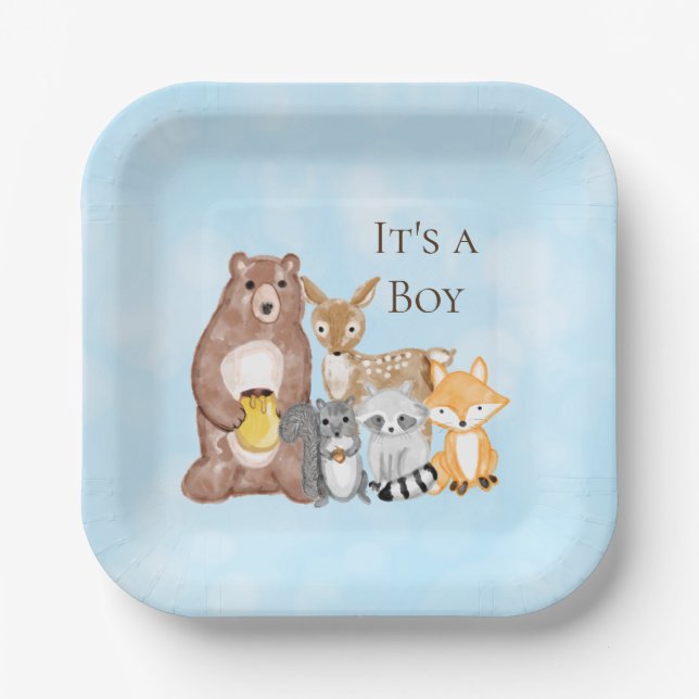 Woodland Creatures Baby Shower It's a Boy Paper Plate (Front)