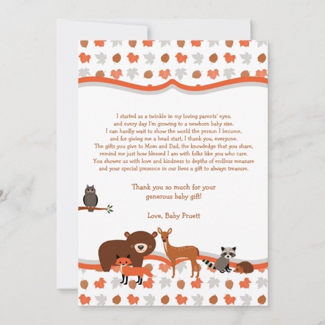 Woodland Creatures Baby Shower thank you note poem (Front)