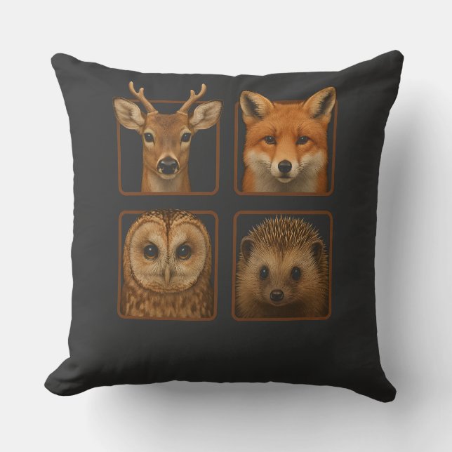 Woodland Creatures Forest Animals Deer Fox Owl Hed Throw Pillow (Front)