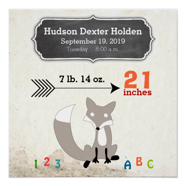 Woodland Creatures Fox Baby Stats Keepsake Poster (Front)