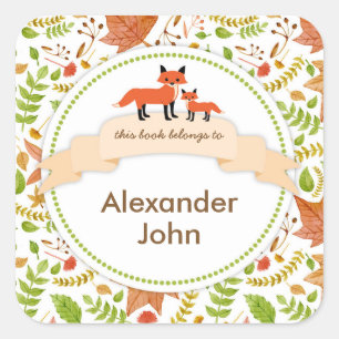 Woodland Creatures Fox Book plates / fall leaves Square Sticker