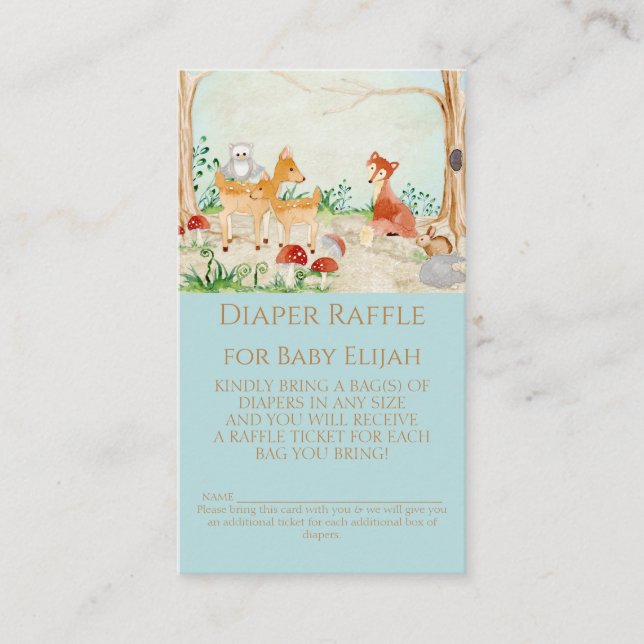 Woodland Creatures Fox Deer Diaper Raffle Boy Baby Business Card (Front)