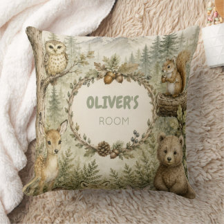 Woodland Creatures Kids/Baby Room Custom Name Throw Pillow