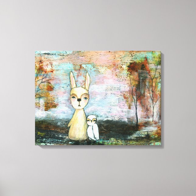 Woodland Creatures Rabbit Owl Whimsical Animal Art Canvas Print (Front)