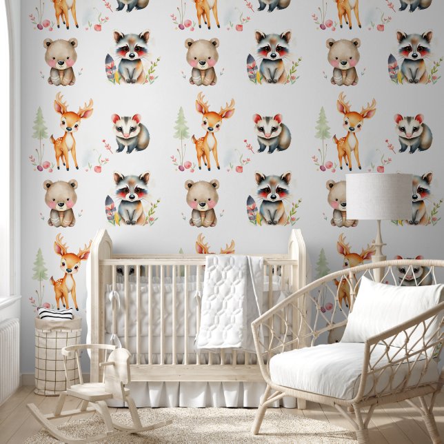 Woodland Creatures Watercolor Illustration Wallpaper (Kids)