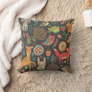 Woodland Critters Folk Art Throw Pillow