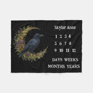 Woodland Crow Botanical Wreath Milestone Fleece Blanket