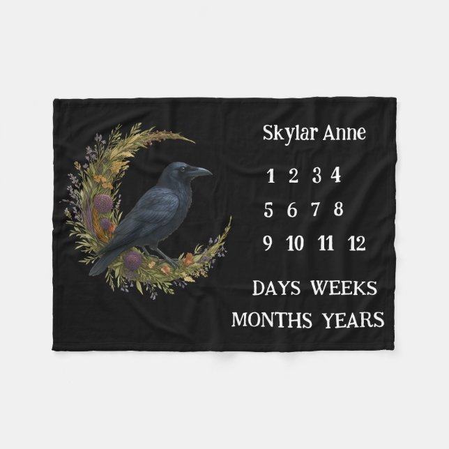 Woodland Crow Botanical Wreath Milestone Fleece Blanket (Front (Horizontal))