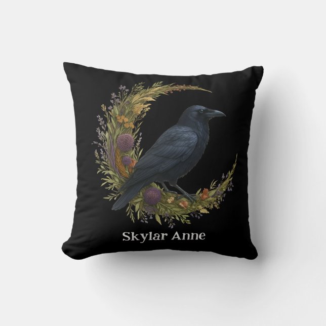 Woodland Crow Botanical Wreath Throw Pillow (Front)