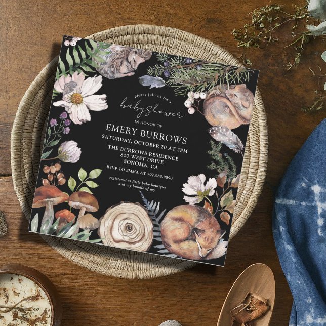 Woodland Cute Forest Animals Black Baby Shower Invitation (Creator Uploaded)