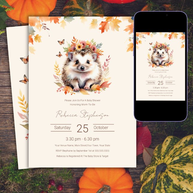 Woodland Cute Hedgehog Fall Baby Shower  Invitation (Creator Uploaded)
