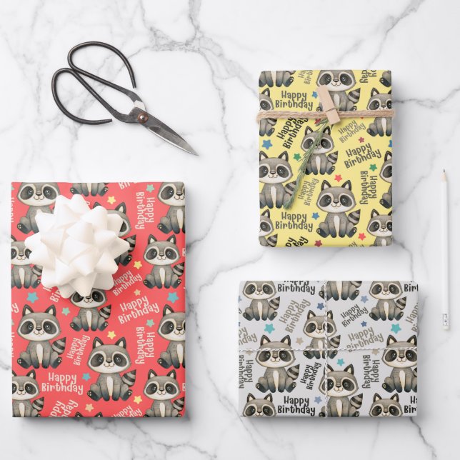 Woodland Cute Raccoon Happy Birthday Wrapping Paper Sheet (Front)