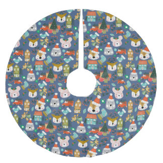 Woodland Cute Santa Animals Denim Blue Brushed Polyester Tree Skirt