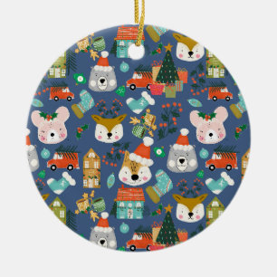 Woodland Cute Santa Animals Denim Blue Ceramic Ornament