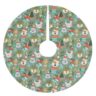 Woodland Cute Santa Animals Green Brushed Polyester Tree Skirt