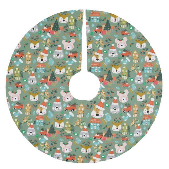 Woodland Cute Santa Animals Green Brushed Polyester Tree Skirt (Front)