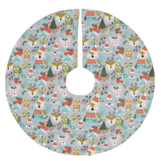 Woodland Cute Santa Animals Grey Brushed Polyester Tree Skirt