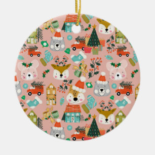 Woodland Cute Santa Animals Pink Ceramic Ornament