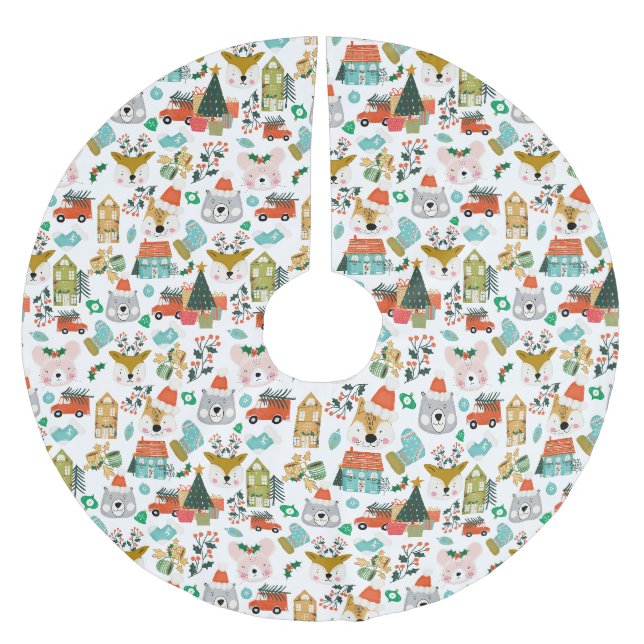 Woodland Cute Santa Animals White Brushed Polyester Tree Skirt (Front)
