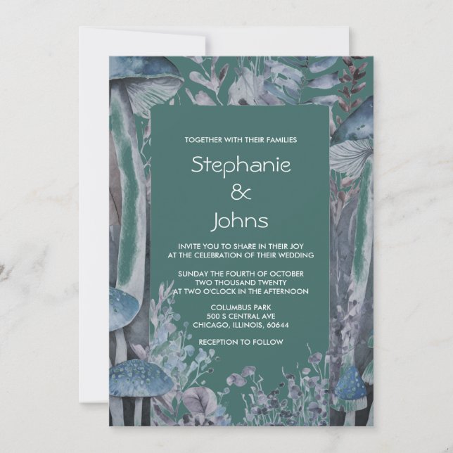 Woodland Dark Teal Green Blue Mushrooms Wedding Invitation (Front)