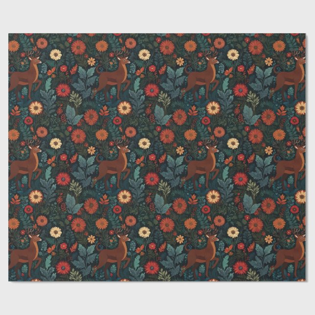 Woodland Deer and Flowers Holiday Gift Wrap (Flat)