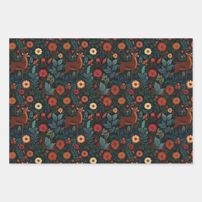 Woodland Deer and Flowers Holiday Gift Wrap (Front)