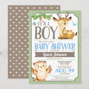 Woodland Deer and Owl Boy Baby Shower Invitation