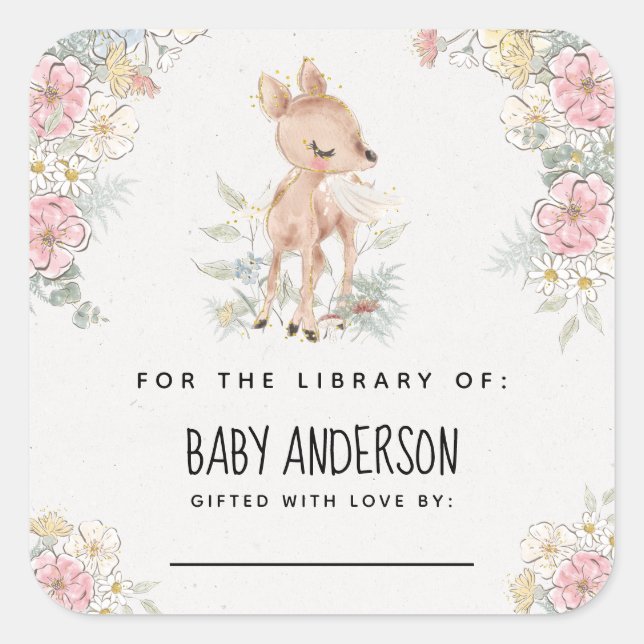 Woodland Deer Baby Shower Bookplate Square Sticker (Front)