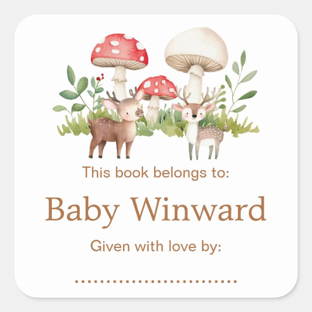 Woodland Deer Baby Shower Bookplate Square Sticker (Front)