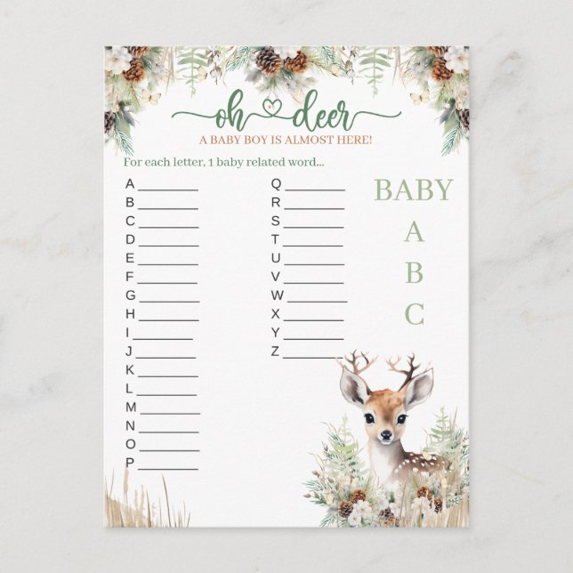 Woodland Deer Baby Shower Boy Game Postcard (Front)