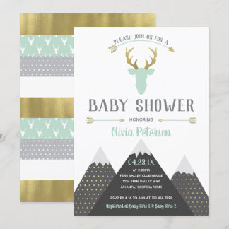 Woodland Deer Baby Shower Invitation, Faux Foil Invitation