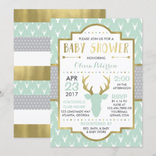 Woodland Deer Baby Shower Invitation, Faux Foil Invitation