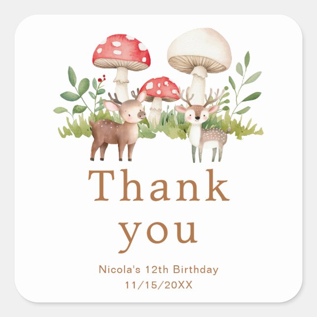 Woodland Deer Birthday Party Square Sticker (Front)