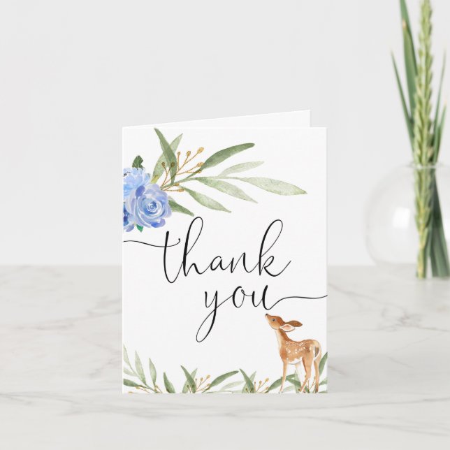 Woodland deer blue floral greenery thank you card (Front)