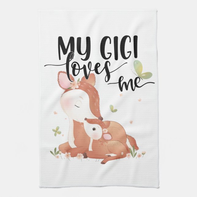 Woodland Deer Doe and Baby Fawn My Gigi Loves Me Kitchen Towel (Vertical)