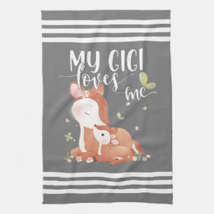 Woodland Deer Doe and Baby Fawn My Gigi Loves Me Kitchen Towel