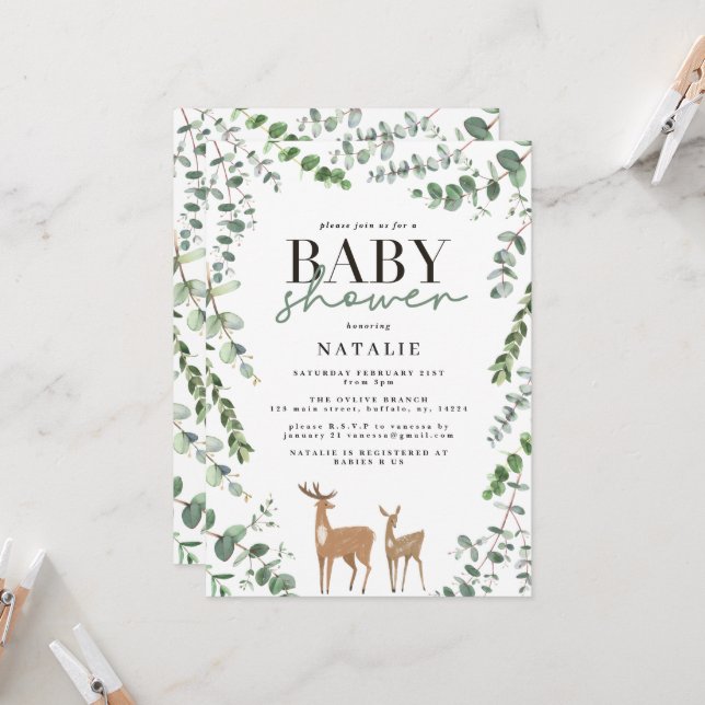 Woodland deer eucalyptus modern baby shower invita invitation (Front/Back In Situ)