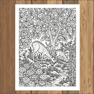 Woodland Deer Family by the Brook Colouring Poster