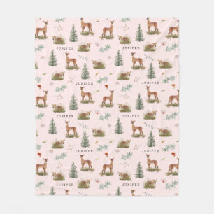 Woodland Deer Fawn Floral Baby Name Pink Fleece Blanket