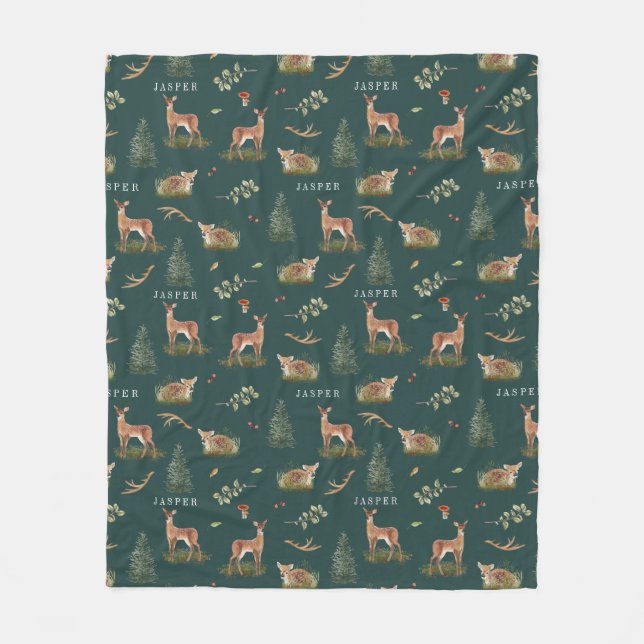 Woodland Deer Fawn Pattern Baby Green Baby Name Fleece Blanket (Front)