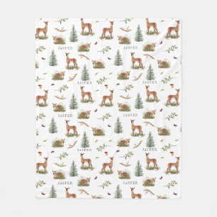 Woodland Deer Fawn Pattern Baby Name  Fleece Blanket