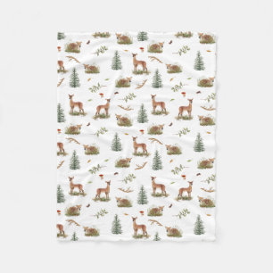 Woodland Deer Fawn Pattern Baby White Fleece Blanket