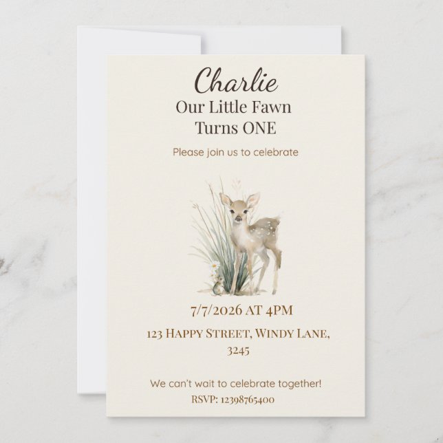Woodland Deer First Birthday Invitation (Front)
