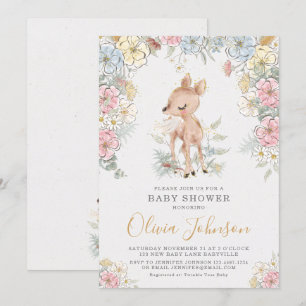 Woodland Deer Floral Baby Shower Invitation